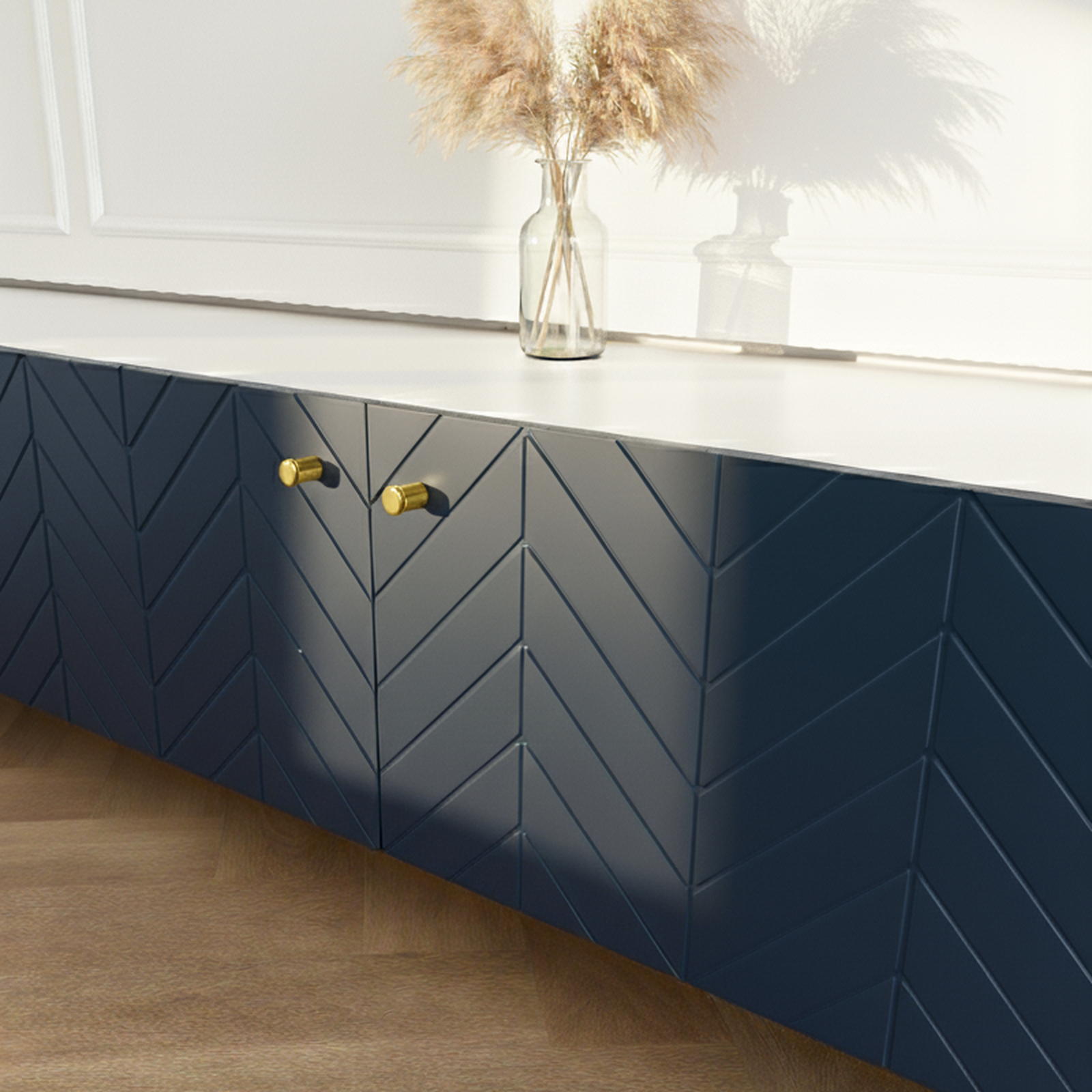 Frontura Boneo Möbelfront klein in dunkelblau an einem IKEA BESTÅ Sideboard