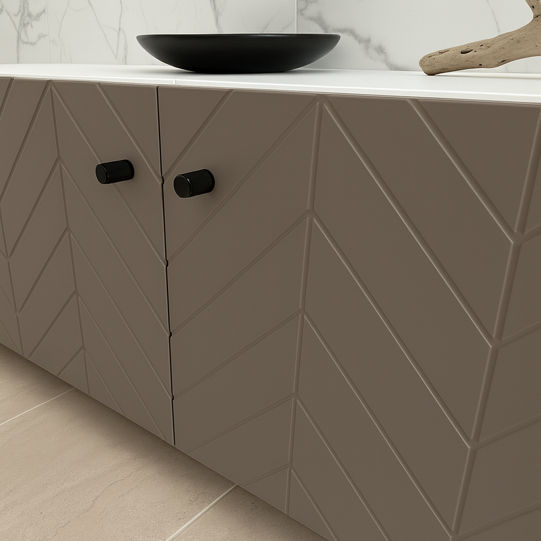 Frontura Boneo Möbelfront klein in grau-beige an einem IKEA BESTÅ Sideboard