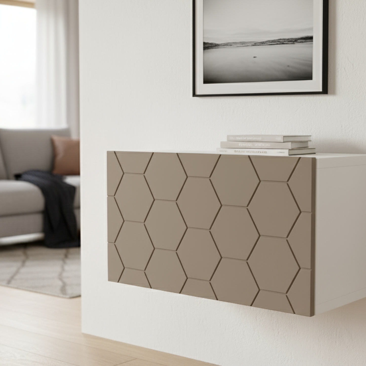 Frontura Hexory Möbelfront klein in grau-beige an einem IKEA BESTÅ Sideboard
