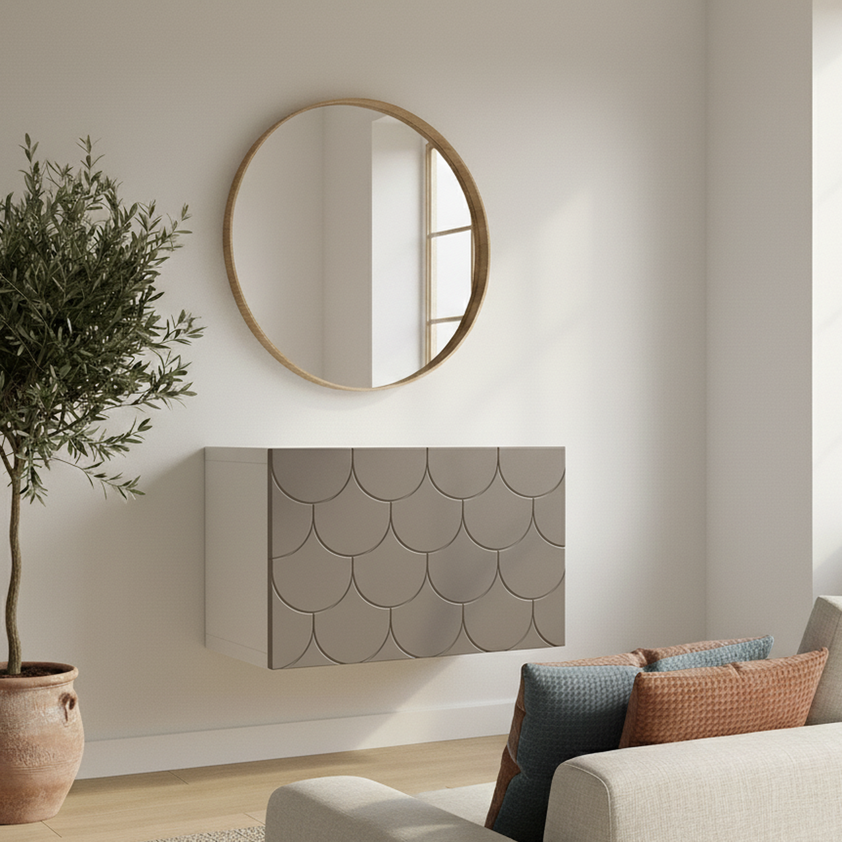 Frontura Scalora Möbelfront klein in grau-beige an einem IKEA BESTÅ Sideboard