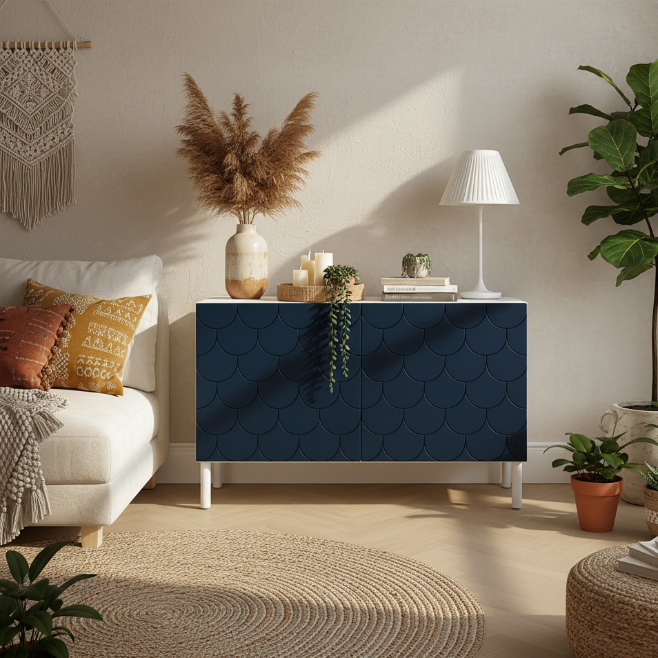Frontura Scalora Möbelfront klein in dunkelblau an einem IKEA BESTÅ Sideboard